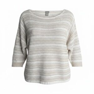 Chicos Dolman 3/4 Sleeve Pullover Sweater Cotton Linen White Beige Stripe Size 3